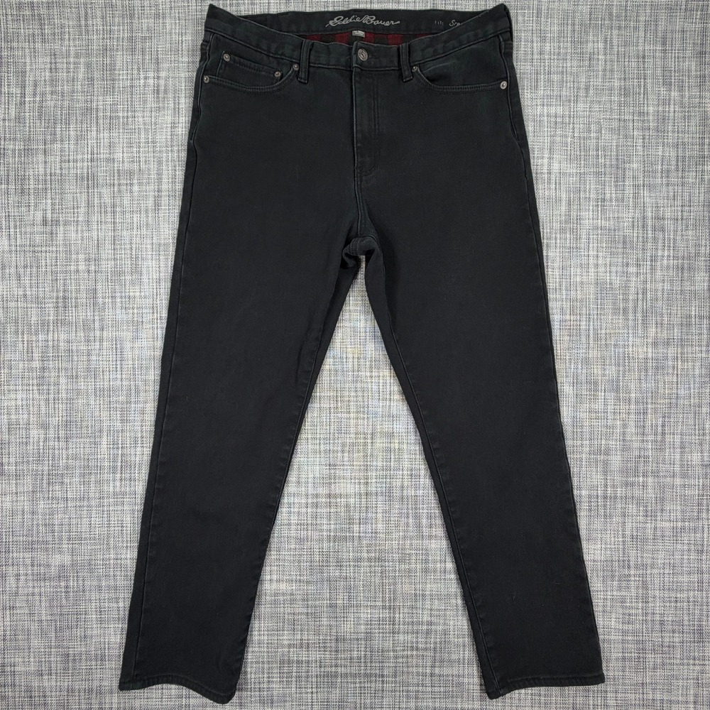 Eddie Bauer Mens Jeans 36x32 Black Stretch Denim Straight Leg Plaid Fleece Lined
